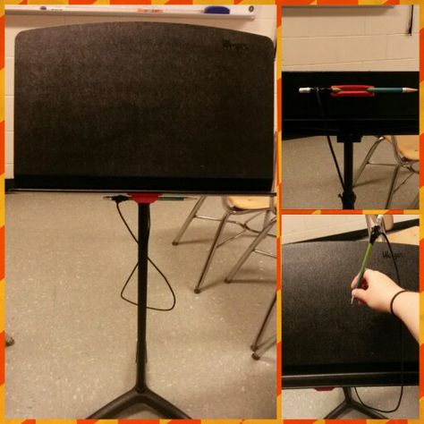 The answer to the "I don't have a pencil" dilemma!!! I can't remember where I saw this, but I gave it a try and it's genius. The little grippers are called PenPals... they have adhesive and attach right to the bottom of the music stand. Then I tied a pencil on a string for it. Looking forward to seeing how it works in September!! Singing Studio, Band Classroom, Teaching Choir, Music Classroom Management, Teaching Orchestra, Orchestra Classroom, Orchestra Teacher, Music Classroom Decor, Band Room