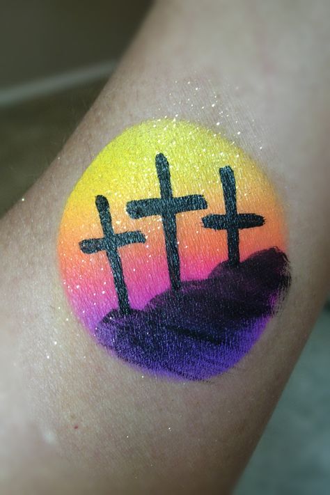 3 Crosses/Sunset- Smiley Faces by Jo Easy Easter Face Painting Designs, Christian Face Painting Ideas For Kids, Cross Face Paint, Easy Easter Face Painting, Christian Face Paint, Christian Face Painting, Face Painting Easter, Easter Face Painting, Dinosaur Face Painting