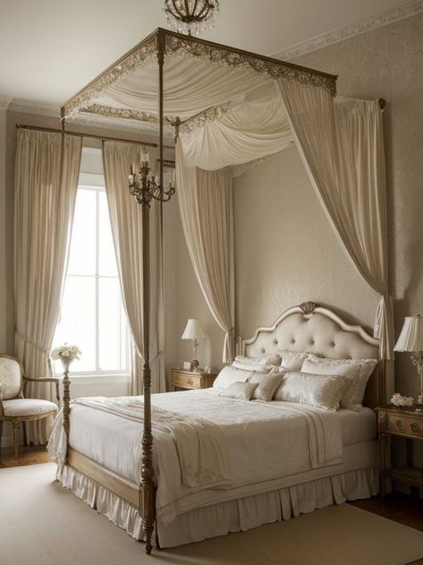 Add a touch of elegance to your bedroom with Victorian-inspired wall art, such as ornate frames with vintage portraits or delicate floral prints. Complete the look with a luxurious canopy bed and antique furniture pieces for a truly regal ambiance. Glamorous Bedroom Decor, Taupe Bedroom Ideas, Canopy Bed Drapes, Bnb Ideas, Glamorous Bedroom, Taupe Bedroom, Bed Drapes, Castle Bed, Bedroom Design Styles