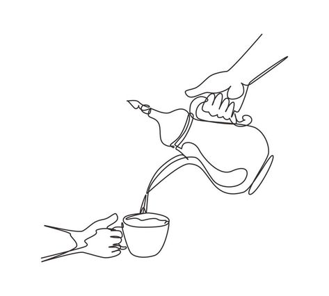 Single continuous line drawing hand pouring hot black coffee from traditional Arabic coffee pot into cup. Brewing coffee at family party. Stainless steel pot. One line draw design vector illustration Arabic Coffee Tattoo, Cute Coffee Cup Drawing, Arab Illustration, Arabic Coffee Pot, Coffee Cup Drawing, Coffee Graphics, Pouring Coffee, Movement Drawing, Coffee Line