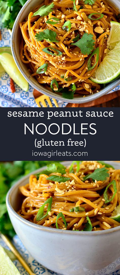 Sesame Peanut Noodles, Peanut Sauce Noodles, Homemade Peanut Sauce, Clean Eating Guide, Gluten Free Spaghetti, Peanut Noodles, Iowa Girl Eats, 20 Minute Recipes, Gluten Free Pasta