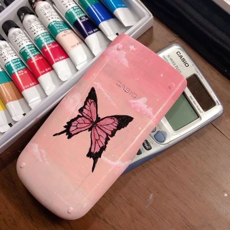 Calculator Painting, Paintings Tumblr, Drawing Butterfly, Calculator Design, Acrylic Drawing, Aesthetic Clouds, Phone Case Diy Paint, Alchemy Art, Art Painting Tools