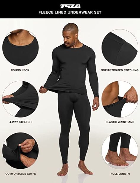 *Alert: True to size : Please follow the size examples below*(EX: Size "Large recommended" - Size for 6" 215 lbs.) (EX: Size "Medium" 5'9"165 lbs.) TSLA Thermal Underwear Series for warmth and soft touch. [Materials] Mix of Polyester & Elastine fabric is excellent mobility and moisture-wicking. [4-Way Stretch Fabric] It supports unrestricted movement. [Top & Bottom Set] Underwear set contains 1 Top and 1 bottom. Washing Tip : Wash separately before wearing. Mens Thermals, Long John, Long Johns, Layer Top, 4 Way Stretch Fabric, Sport Wear, Men Winter, Base Layer, Black Media