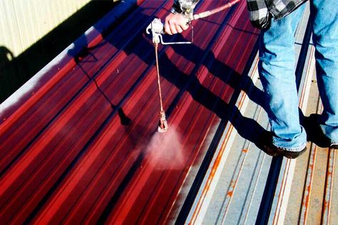 Can a metal roof be repainted? Painted Metal Roof Before And After, Painting A Metal Roof, Painting Tin Roof, Painting A Tin Roof, Red Metal Roof Houses Color Combos, Paint Tin Roof, How To Paint Steel Siding, Painting Metal Roof, Paint Metal Roof