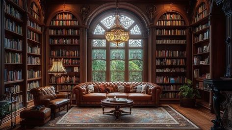 An Art Nouveau library with floortoceiling bookshelves a cozy reading nook and a Tiffany lamp casting a warm glow | Premium AI-generated image Art Nouveau Library, Tiffany Lamp, Free Business Card Mockup, Tiffany Lamps, Cozy Reading Nook, Cozy Reading, Business Card Maker, Card Banner, Poster Maker