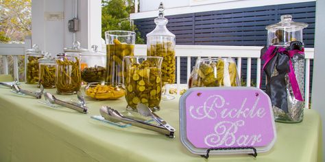 Pickle bar for the groom!  #picklebar #weddingfavors Pickle Bar, Fun Engagement Party, Grooms Table, Bar Wedding Reception, Bar Fancy, Wedding Food Stations, Baby Shower Bbq, Food Tent, Future Wedding Plans