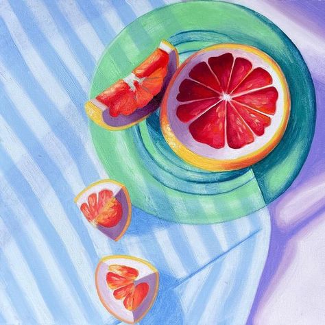 Sarah Underwood on Instagram: "Summer citrus!🍊☀️ Couldn’t resist this juicy reference from @vickimcgrathart 😍 but it was definitely challenging! I found myself fussing over it way too much, so I called it quits 👍 Not my favourite work ever, but a good lesson in painting patterns and transparency! This one’s oil on cradled panel, 8x8 inches 💕 #foodpainting #citruspainting #grapefruit #birdseyeview #foodpaintchallenge #stilllifepainting #contemporarystilllife #everydaystilllife #colourfulpaint Sliced Fruit Painting, Grapefruit Painting, Grapefruit Art, Citrus Fruit Painting, Grapefruit Botanical Illustration, Grapefruit Oil Painting, Pink Paradise, Grapefruit Oil, Citrus Trees