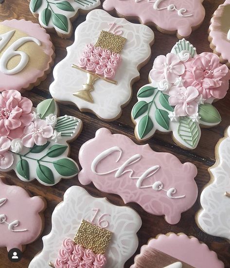 Celebration Cookies, Gold Cookies, Bachelorette Cookies, Cookie Cake Designs, Flower Sugar Cookies, Alphabet Cookies, Royal Iced Cookies, Pink Cookies, Kid Cupcakes