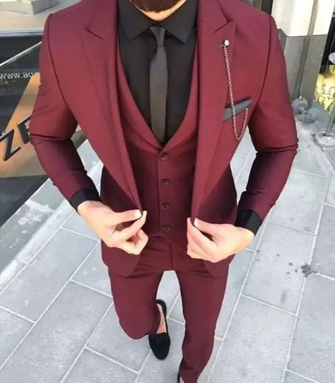 Three-Piece Custom Burgundy Suit for Men - Elegant Wedding & Engagement Attire | eBay Wedding Tux Burgundy, Husband Suits Wedding, Dark Wedding Suits For Men, Red Suits For Men Wedding, Wine Color Tuxedo For Men, Black Mens Wedding Suits, Bordeaux Suit Men, Engagement Outfits For Bride And Groom, Men’s Burgundy Suit Outfit