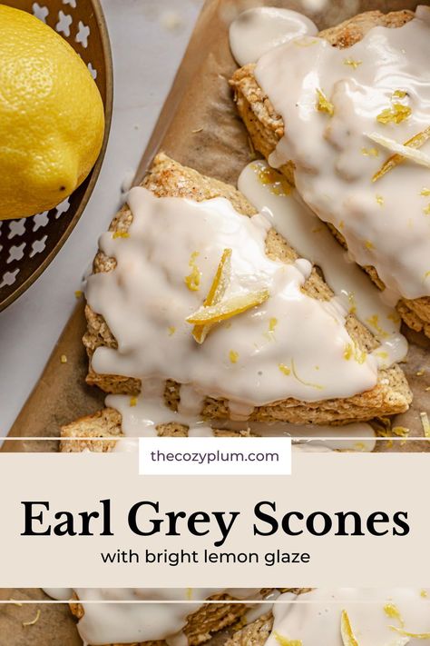 Earl Grey Scones, Tart Glaze, Powdered Sugar Recipes, Fluffy Scones, Peach Scones, Bakery Muffins, Plum Recipes, Simple Muffin Recipe, Breakfast Recipes Sweet