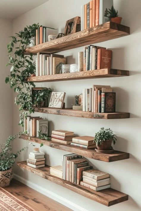 "DIY Floating Shelves: Maximize Space with Style! 🛠️✨" Transform your small space with these easy-to-make floating shelves! Perfect for adding storage and style without taking up floor space. 🏡🌿 #DIYFloatingShelves #SmallSpaceStorage #HomeDecorDIY #EcoFriendlyProjects #CreativeStorageSolutions Floating Shelves Floor To Ceiling, Shelves In Bedroom Diy, Bookshelves Wall Mounted, Decorative Shelving Ideas, Bookshelf On Wall Ideas, Easy Diy Living Room Decor, Diy Wall To Wall Bookshelves, Living Room Floating Bookshelves, Floating Shelves Living Room Corner