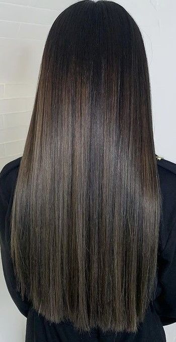 Small Brown Highlights On Black Hair, Dark Brown Bayalage Hair Straight, Bayalage On Black Hair Straight, Blonde Ombre On Black Hair, Straight Dark Hair With Highlights, Highlights On Dark Hair Straight, Straight Black Hair With Highlights, Caramel Brown Highlights On Black Hair, Low Highlights For Dark Hair