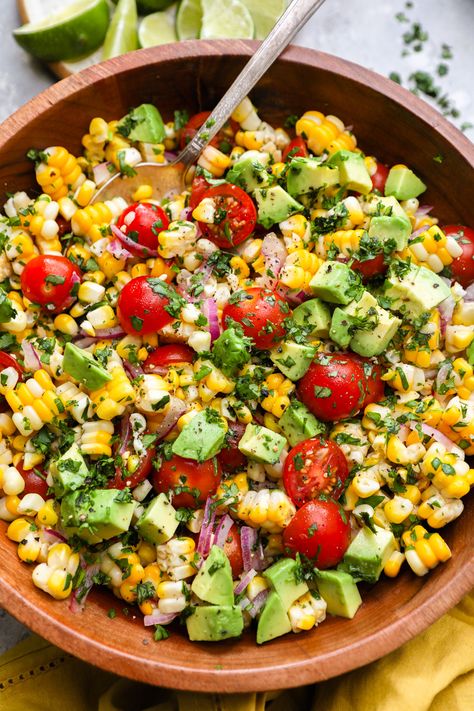 Summer Corn Salad with Avocado - Kalefornia Kravings Salad Corn Avocado, Corn And Cilantro Salad, Chunky Salad Recipe, Grilled Food Sides, Salad Spinach Recipes, Summer Corn Salad Recipe Side Dishes, Corn Avocado Salad Recipe, Side Dish For Dinner Party, Summer Avocado Salad