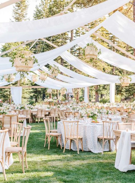 Swagging Fabric Wedding Reception, Tent Draping Wedding, Fabric Draping Wedding, Wedding Recessional Songs, Open Air Wedding, Tent Ideas, Wedding Draping, Draping Wedding, Fairy Lights Wedding