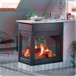 see through fireplace I see this and see so many ideas! Peninsula Fireplace Ideas, Pier Fireplace, Peninsula Fireplace, Fireplace Cottage, Fireplace Desk, Mid Century Room Divider, 3 Sided Fireplace, Fireplace Gas, Room Divider Shelves