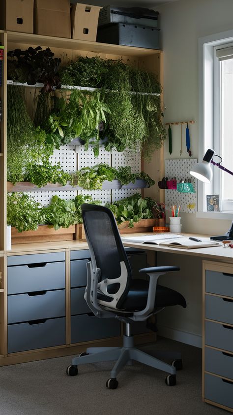 Revamp your workspace with a stunning herb garden integrated into a KALLAX shelving unit! This IKEA-inspired setup not only adds a fresh and lively backdrop but also enhances your productivity. Pair it with an ergonomic MARKUS chair for comfort, and utilize a SKÅDIS pegboard for effortless organization. The colorful ÖSTERNÄS leather handle brings a touch of personality, while the RANARP work lamp brightens your space. Ready to transform your home office? Discover how to create your own energizing and focused environment today! #HomeOfficeInspo #HerbGarden #IKEAStyle #WorkspaceGoals #ProductivityBoost #OfficeDecor #PlantLovers Kallax Shelving, Kallax Shelving Unit, Work Lamp, Office Inspo, Elevate Your Home, Herb Garden, Shelving Unit, Leather Handle, Work Space