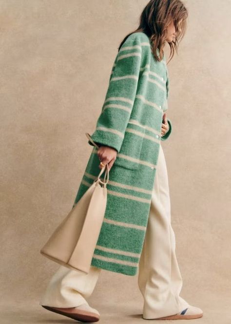 Sezane Jerome Coat in Green Wool Stripes | Winter Outfits Sezane Winter, Cool Girl Style, Winter Capsule Wardrobe, Classic Coats, Green Coat, Green Wool, Girl Style, Wool Cardigan, Coat Fashion