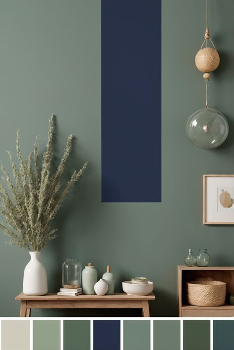 Blue Green Two Tone Wall, Navy Green Bedroom, Green And Navy Living Room, Sw Salty Dog, Navy And Green Color Palette, Green And Blue Bedroom Ideas, Navy And Sage Living Room, Sage And Blue Color Palette, Blue Green Room