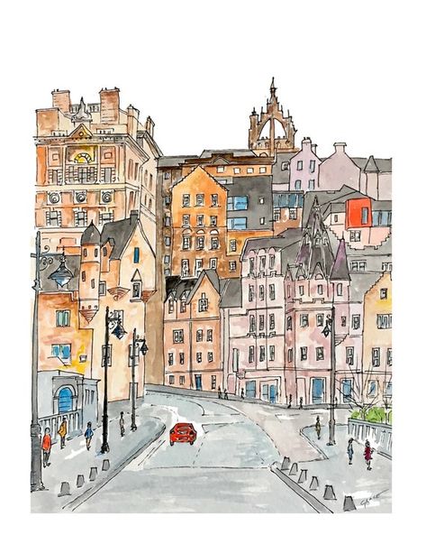 Edinburgh Scotland Travel, Old Town Edinburgh, Paris Artwork, Art Placement, Architecture Drawing Sketchbooks, Watercolor Postcard, Dorm Art, City Drawing, Postcard Set