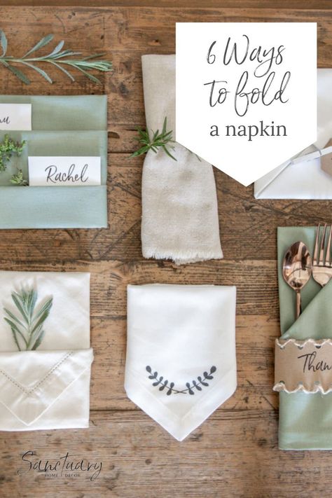 Beautifully folded napkins can add an extra special touch to a table setting, and they only take a moment to create. Learn how to fold a napkin 6 ways for any party or event. Get instructions on folding a two-pocket fold which is perfect for menus, quotes, or name tags. The simple envelope fold makes a considerable impact. Finally, learning how to create the beautiful silverware fold will elevate your table setting and delight your guest. Follow us for more tips just like this. Ways To Fold A Napkin, Wedding Napkin Folding, Wrapped Silverware, Creative Napkin Fold, Fold A Napkin, Folded Napkins, Fold Napkins, Fancy Napkin Folding, Easy Napkin Folding