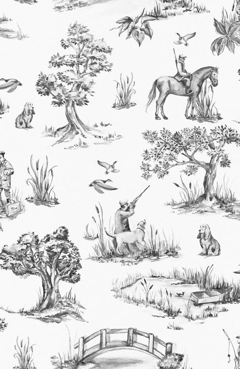 Hunting Toile Wallpaper Game Availale in 5 Colours Country - Etsy Fishing Wallpaper, Wallpaper Cottage, Hunting Wallpaper, French Country Ideas, Wallpaper Classic, Country Wallpaper, Rural England, Peacock Wallpaper, Cottage Wallpaper