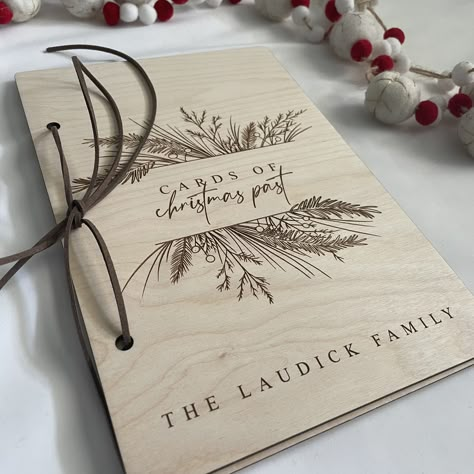 Cards Of Christmas Past, Christmas Booklet, Christmas Gift Card Holder, Wood Laser Engraving Ideas, Christmas Laser Cut Ideas, Christmas Gift Card Holders, Card Organizer, Laser Engraved Wood, Christmas Gift Card