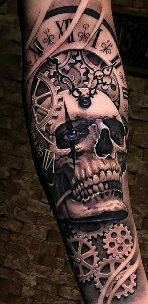 Men’s Skull Sleeve Tattoo, Men’s Tattoo Half Sleeve, Skull With Compass Tattoo, Mens Skull Tattoo Sleeve, Gear Sleeve Tattoos For Guys, Skull And Compass Tattoo Design, Skull And Time Tattoo, Skull Watch Tattoo, Skull With Clock Tattoo Design