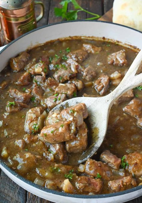 Beef Tips With Gravy, Dutch Oven Beef, Beef Tips And Gravy, Leftover Beef, Homemade Gravy, Potted Beef, Beef Tips, Fall Cooking, Steak Bites