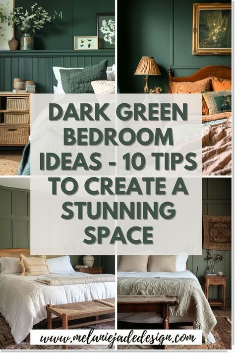 Transform your space with these dark green bedroom ideas. Discover how to create a cozy, sophisticated retreat using rich green tones and stylish decor accents. #BedroomDecor #DarkGreen #HomeInspiration Bedroom With Hunter Green Accents, Cream And Forest Green Bedroom, Small Bedroom Green Accent Wall, Hunter Green Master Bed, Dark Green And White Bedroom Ideas, Dark Green Master Bedrooms Decor Cozy, Green Master Bedrooms Decor Cozy, Deep Green Bedroom Ideas, Green Chair Bedroom