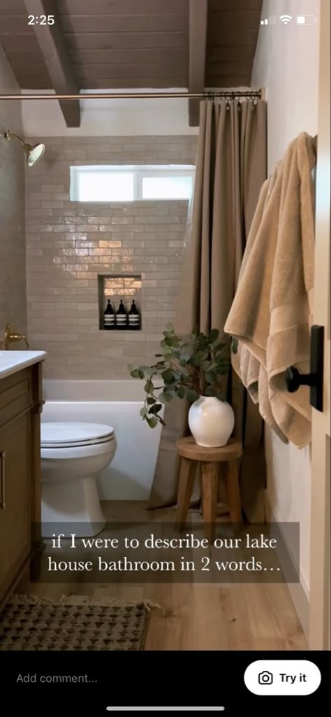 Alley Bathroom Remodel, Guest Bathroom Ideas Shower Tub Combo, Natural Colors Bathroom, Neutral Guest Bathroom Ideas, Organic Earthy Bathroom, Casitas Guest House Interior Design, Bathroom Decor Brown Cabinets, Guest Bathroom Aesthetic, Bathroom Remodel Ideas 2023