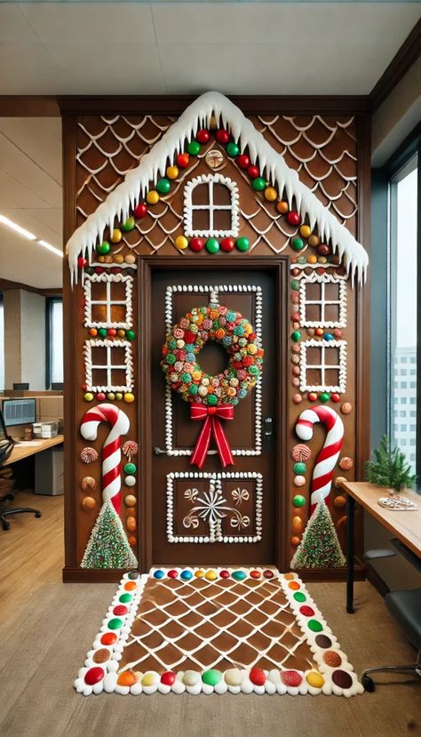 Gingerbread House Wreaths, Christmas Morning Surprise Decorations, Christmas Themes Ideas Decorations, Grinch Lair, Gingerbread Themed Christmas Decor, Christmas Hallway, Gingerbread Theme, Diy Christmas Door, Christmas Door Decorating Contest