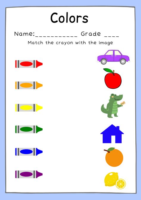 Colors Crayons and Object Matching Activity Worksheet For Kids Preschool - WorksheetsHere.com Color The Object Worksheet, Preschool List, Preschool Counting Worksheets, Preschool Tables, List Of Colors, Preschool Counting, Activity Worksheet, Matching Worksheets, Worksheet For Kids