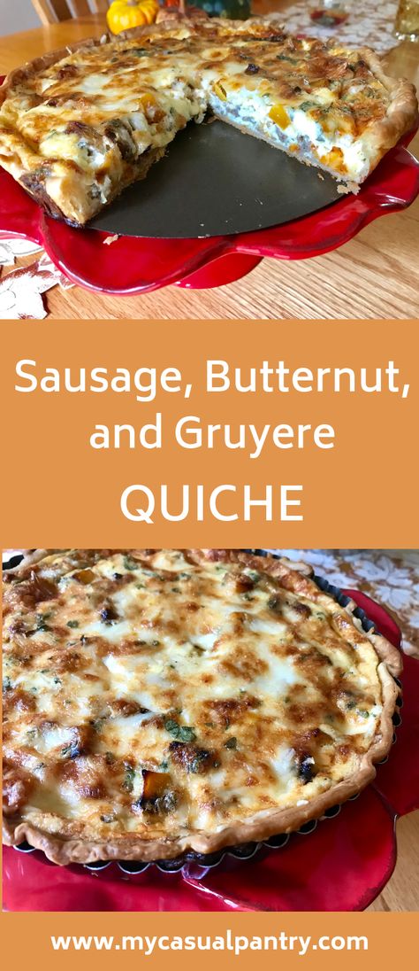 Butternut Squash Quiche Recipes, Autumn Quiche Recipe, Butternut Quiche Recipes, Fall Quiche Recipes, Sausage Butternut Squash Recipes, Butternut Squash Sausage Recipes, Fall Quiche, Hungry Root, Butternut Squash Quiche