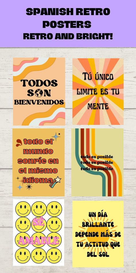 This poster set includes six posters with Spanish quotes to inspire your students and make your classroom look bright and stylish! The retro theme and colors will bring some fun and pops of color into your classroom. Inspirational Quotes For Classroom, Quotes For Classroom, Spanish Classroom Decor, Class Poster, Spanish Inspirational Quotes, Spanish Classroom, Spanish Resources, Class Decoration, Quotes To Inspire