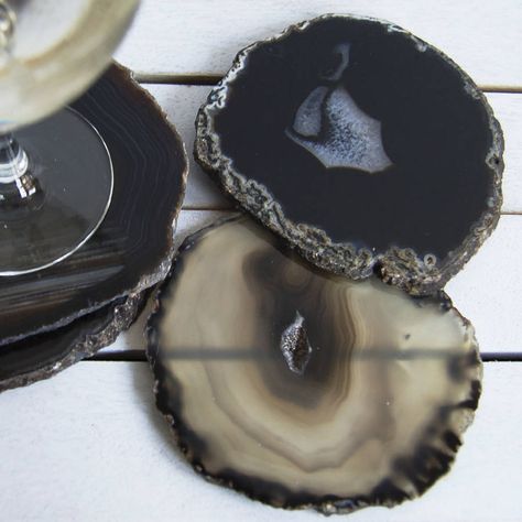 These set of two, completely one of a kind Black Agate Coasters are the ultimate home decor accessory.Give your dining table the perfect finishing touch with these stunning semi-precious stone slices. They also make ideal gifts for your fabulous friends to sit on their desks or bedside tables. These unique Agate Coasters are sliced, polished and dyed to give a smooth high shine finish that Lustre in any light.Agate Stone Due to the natural formation of Agate, as you may see from my other list... Geode Coasters, Bar Tool Set, Agate Coasters, Email Branding, Mark And Graham, Old Fashioned Glass, Decorative Pottery, Agate Crystal, Coasters Set