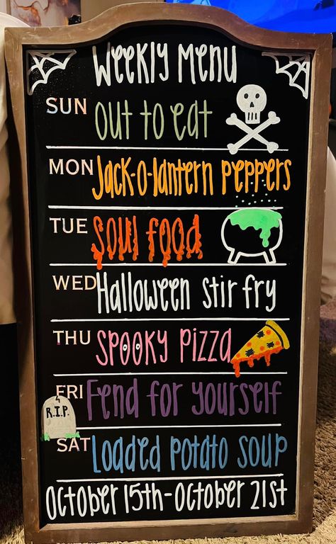 Chalkboard Menu Ideas Home, Menu Board Ideas, Chalkboard Menu Ideas, Chalkboard Menu Board, Weekly Menu Boards, Weekly Dinner Menu, Halloween Chalkboard, Halloween Menu, Easy Toddler Meals