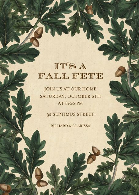 "Acorn Border" Invitation, by John Derian, Paperless Post Fall Party Invitations, Modern Classic Wedding Invitations, Online Party Invitations, Autumn Invitations, Belated Birthday Card, Fall Entertaining, Kids Birthday Themes, Paperless Post, John Derian