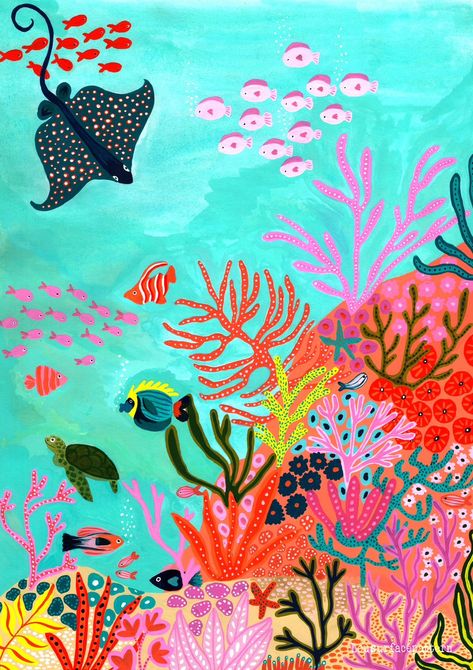 Under The Sea Illustration, Under The Sea Painting, Under The Sea Art, Sea Prints, Beachy Prints, Coral Painting, Hand Painted Designs, Fish Ocean, Sea Print