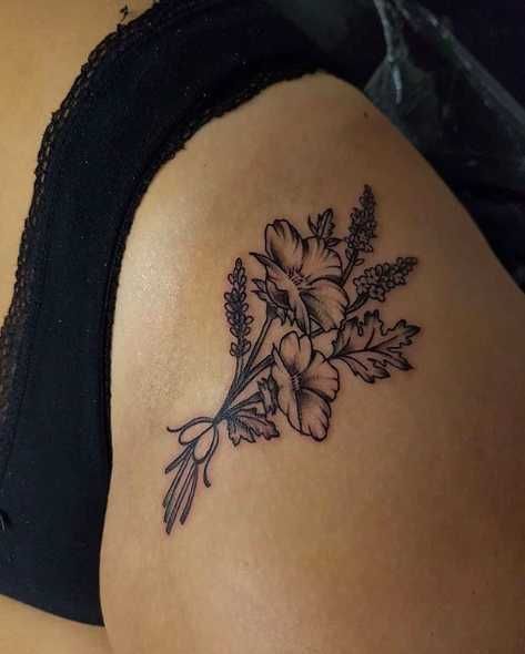 Bouquet of Flowers Thigh Tattoos For Women, Small Thigh Tattoos, Back Tattoo Women Spine, Upper Thigh Tattoos, Side Thigh Tattoos, Bum Tattoo, Flower Tattoo Ideas, Hip Thigh Tattoos, On Tattoo