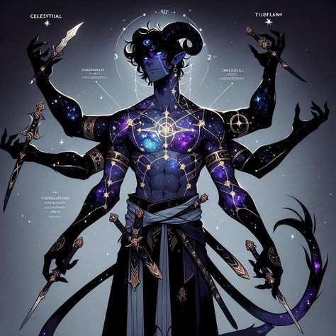 Universe Human Art, 4 Eyed Character, Celestial Being Concept Art, Astral Character Design, Dnd Warforged Art, Male God Oc, Alien Character Design Male, Astral Self Monk, Cosmic Demon