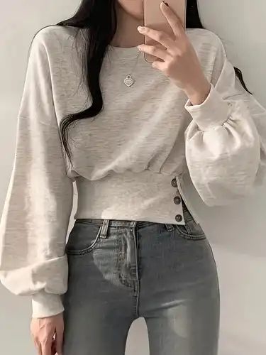 Solid Color Crew Neck Pullover Sweater Y2k Long Sleeve - Temu Canada Korean Hoodie, Fall Outfits Y2k, Fall Pullover, Y2k Long Sleeve, Cropped Long Sleeve Top, Outfits Y2k, Outfits Fall, Women Long Sleeve Tops, Fall Sweatshirt