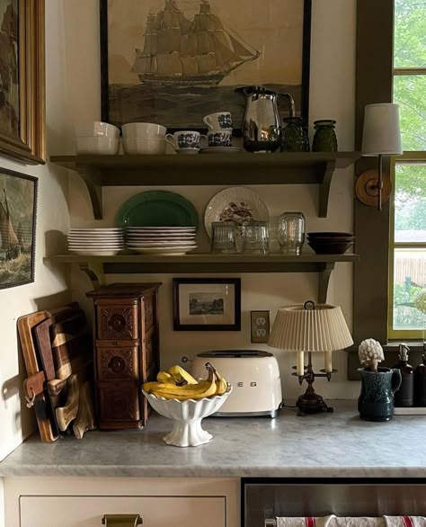 Two Cabinets Side By Side, Cottage Gothic Aesthetic, Julia Childs Kitchen, Cluttered Kitchen Aesthetic, Dark Witchy Kitchen, Academia Kitchen Aesthetic, Hutch Styling Ideas, Home Inspo Aesthetic, Corner Kitchen Decor