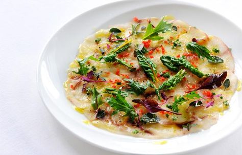 Sea bass carpaccio with chilli, oregano and olive oil Sea Bass Fillet Recipes, Sea Bass Fillet, Cooking Sea Bass, Sous Vide Vegetables, Carpaccio Recipe, Tuna Ceviche, Great British Chefs, Chilli Recipes, Sea Bass