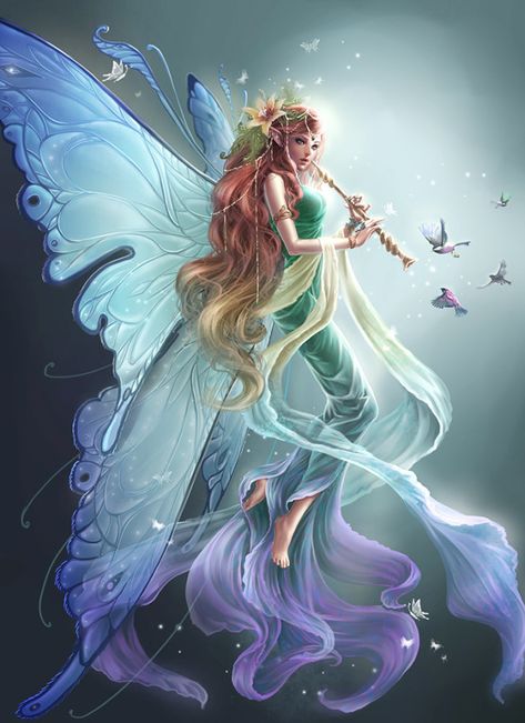 Fearies are described as 'human-like'. Often times fey have different features such as colors, shapes, sizes, wings, and horns. Fairies that have wings became a popular thing in Victorian art. Creature Fantasy, Fairy Dragon, 강아지 그림, Fairy Pictures, Digital Art Gallery, Love Fairy, Fairies Elves, Fairy Magic, Beautiful Fairies