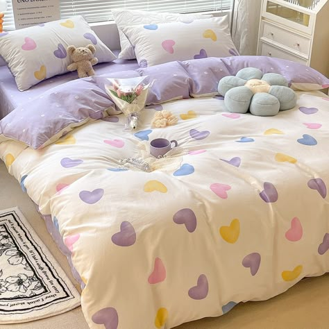 Hearts Bedding, Kawaii Cherry, Cherry Hearts, Purple Duvet Cover, Otaku Room, Fitted Bed, Dekorasi Kamar Tidur, Fitted Bed Sheets, Flat Bed