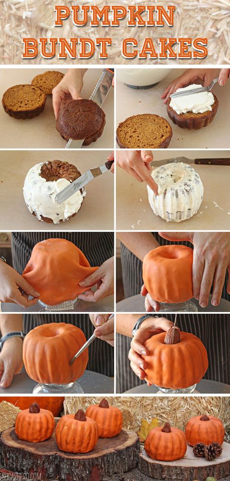 How to Make Pumpkin Bundt Cakes - so easy and so cute! | From SugarHero.com Pumpkin Bundt Cakes, Pumpkin Shaped Cake, Halloween Pumpkin Cake, Halloween Torte, Pumpkin Bundt, Bundt Pans, Cakes To Make, Halloween Cake Pops, Pumpkin Bundt Cake