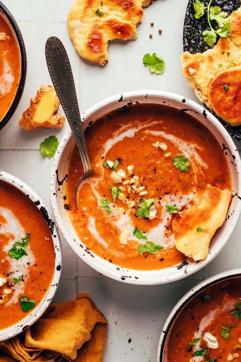 1-Pot Spicy Pumpkin Tomato Soup Pumpkin Soup With Coconut Milk, Spicy Pumpkin Soup, Vegan Naan, Soup With Coconut Milk, Coconut Milk Soup, Leftovers Soup, Vegan Parmesan Cheese, Healthy Veggie, Minimalist Baker