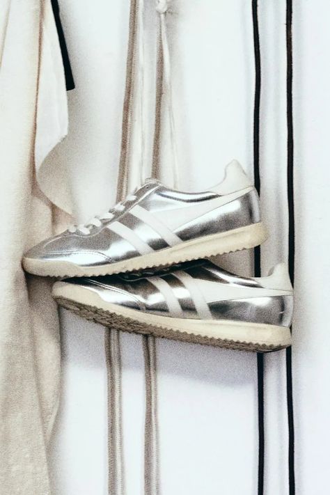 These Are the 18 Best Silver Sneakers on the Market | Who What Wear Cute Sundress, Metallic Sneakers, Silver Sneakers, Trending Sneakers, Tie Styles, Unique Shoes, Fashion People, Best Sneakers, City Style