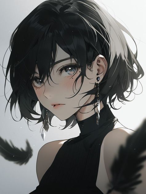 Anime Character Design Black Hair, Anime Oc Short Hair, Short Black Hair Female Character Art, Anime Oc Female Black Hair Blue Eyes, Short Black Hair Anime Woman, Short Hairstyle Women Anime, Anime Women With Short Hair, Female Short Hair Drawing, Short Haired Anime Woman