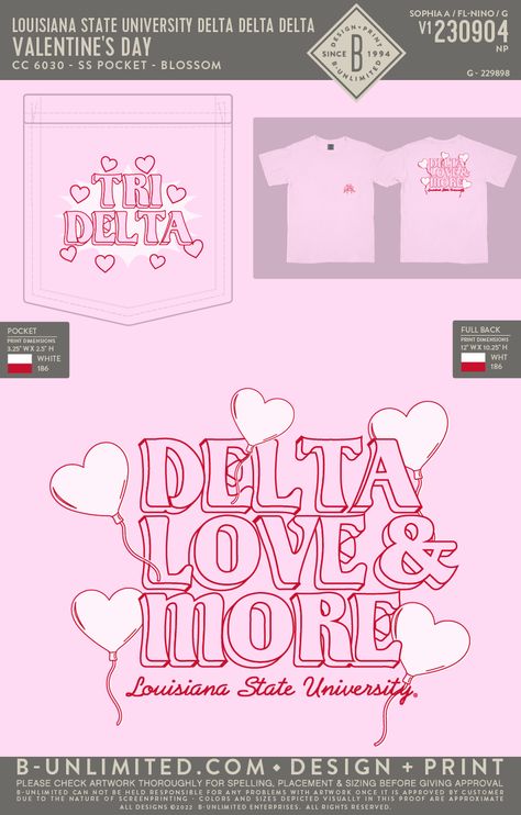 Tri Delta sorority t-shirt on a light pink shirt with a pocket tee Sorority Valentines Day Shirt, Sorority Valentines Day, Greek Merch, Date Party Sorority, Theta Merch, Adpi Merch, Sorority T Shirts, Merch Design Ideas, Kappa Delta Chi